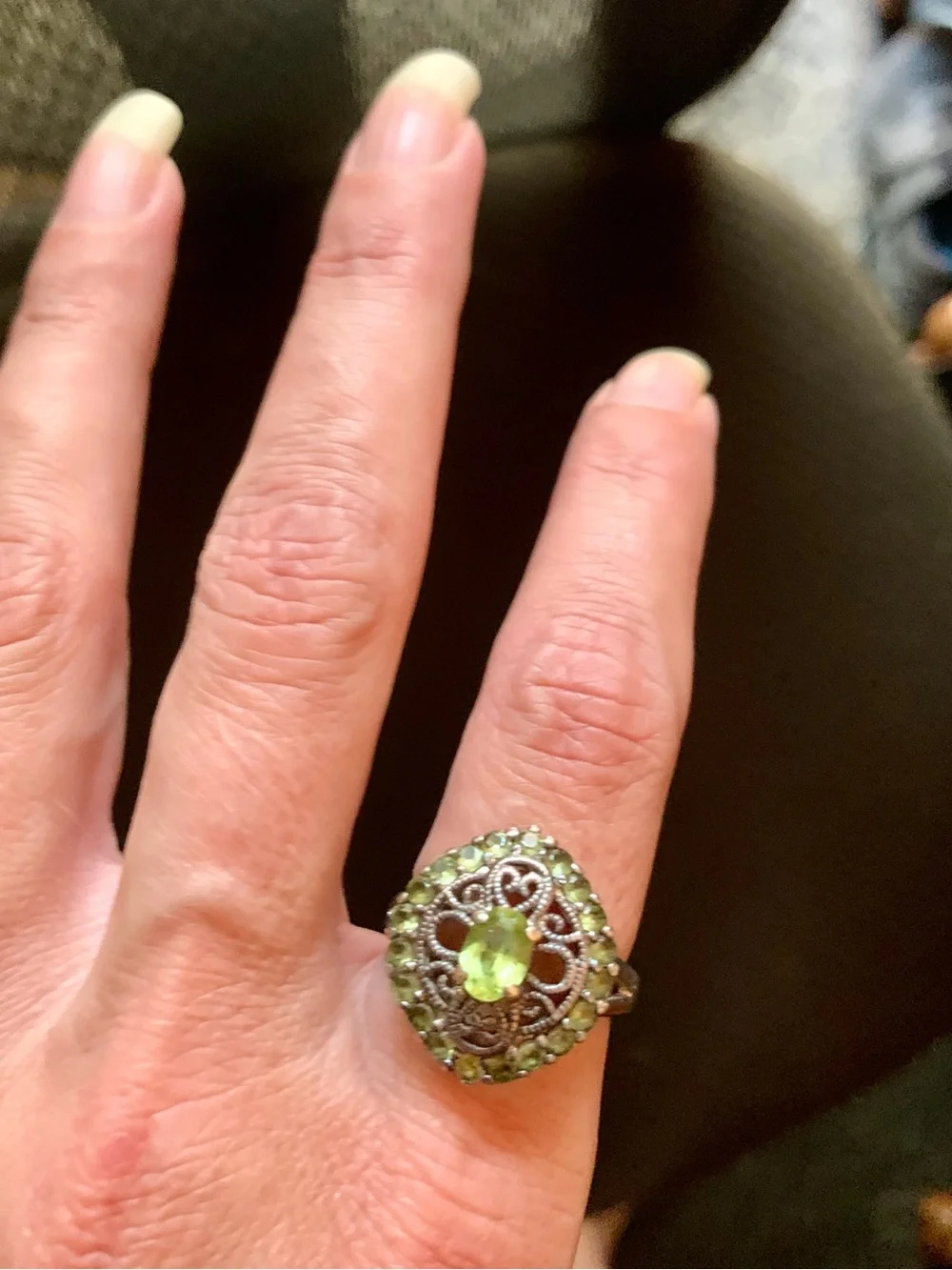 Vintage Green Gemstone Filigree 925 Sterling Silver Statement Ring #0041